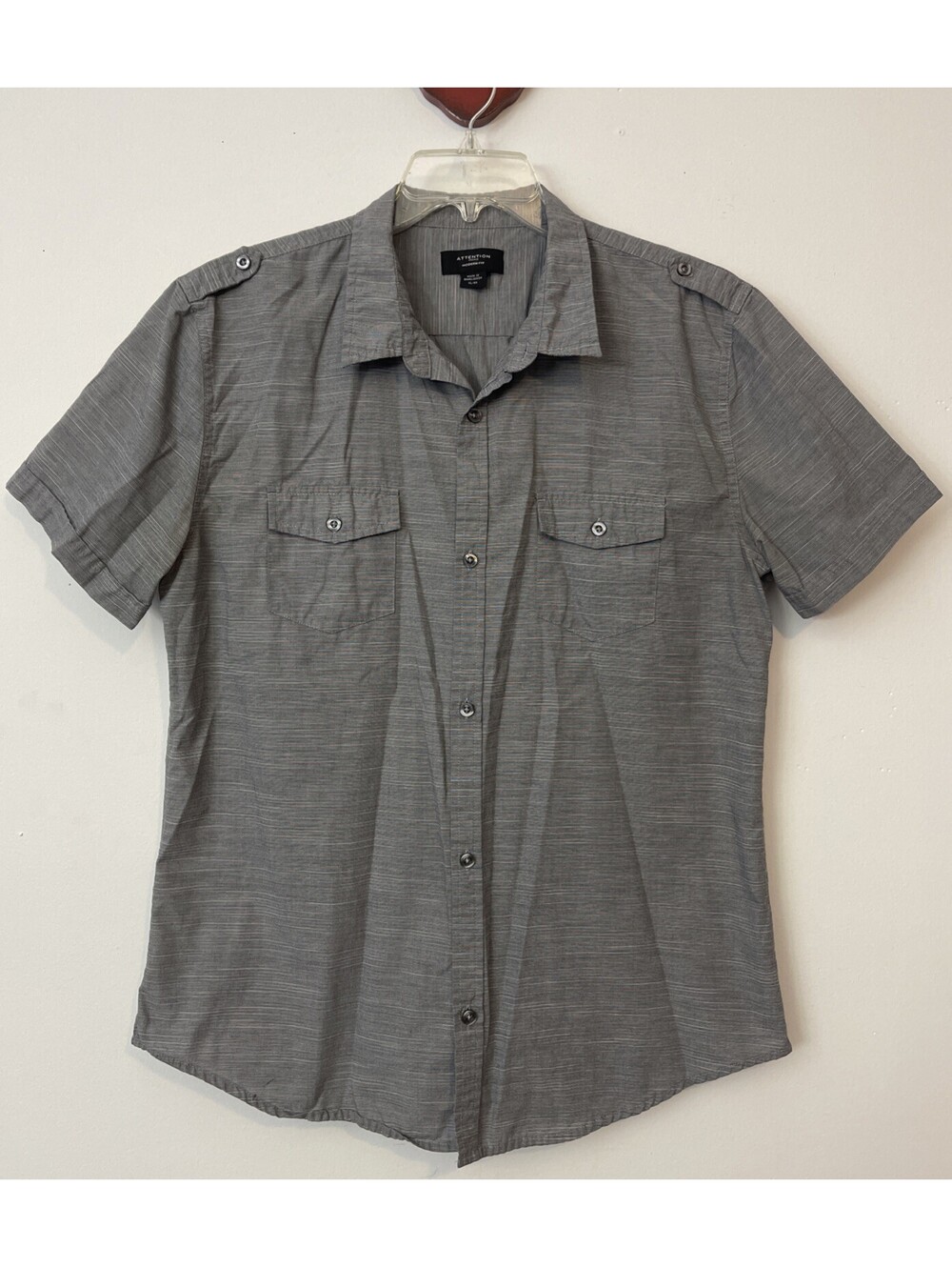 Attention Mens XL Gray Modern Fit Button-Up Short-Sleeved Collared Shirt! A2135